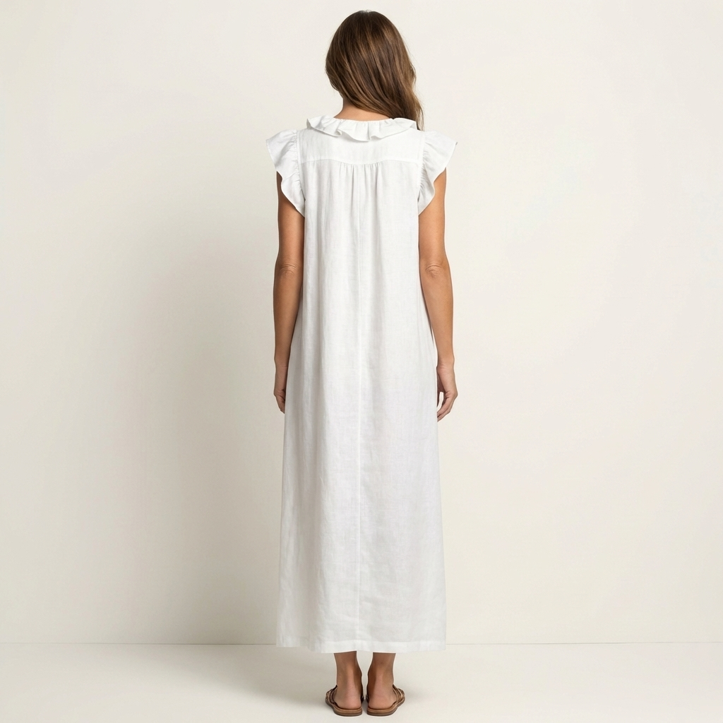 Monica | Abito Maxi in Misto Lino con Ruches e Scollo a V