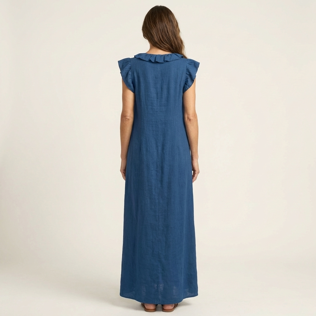 Monica | Abito Maxi in Misto Lino con Ruches e Scollo a V