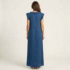 Monica | Abito Maxi in Misto Lino con Ruches e Scollo a V