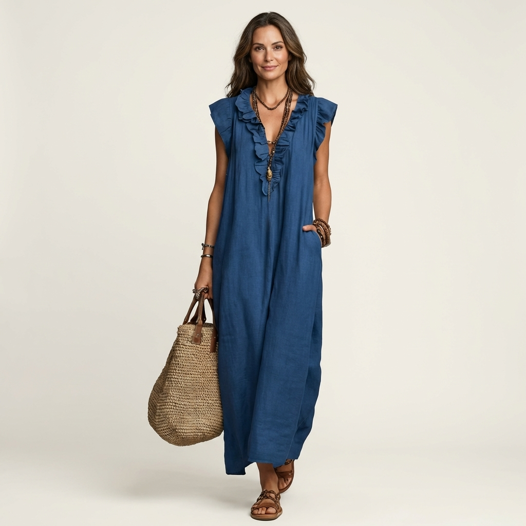 Monica | Abito Maxi in Misto Lino con Ruches e Scollo a V
