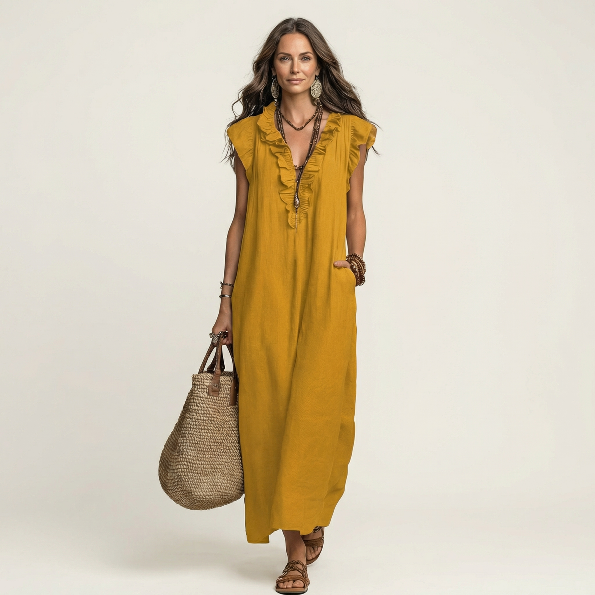 Monica | Abito Maxi in Misto Lino con Ruches e Scollo a V