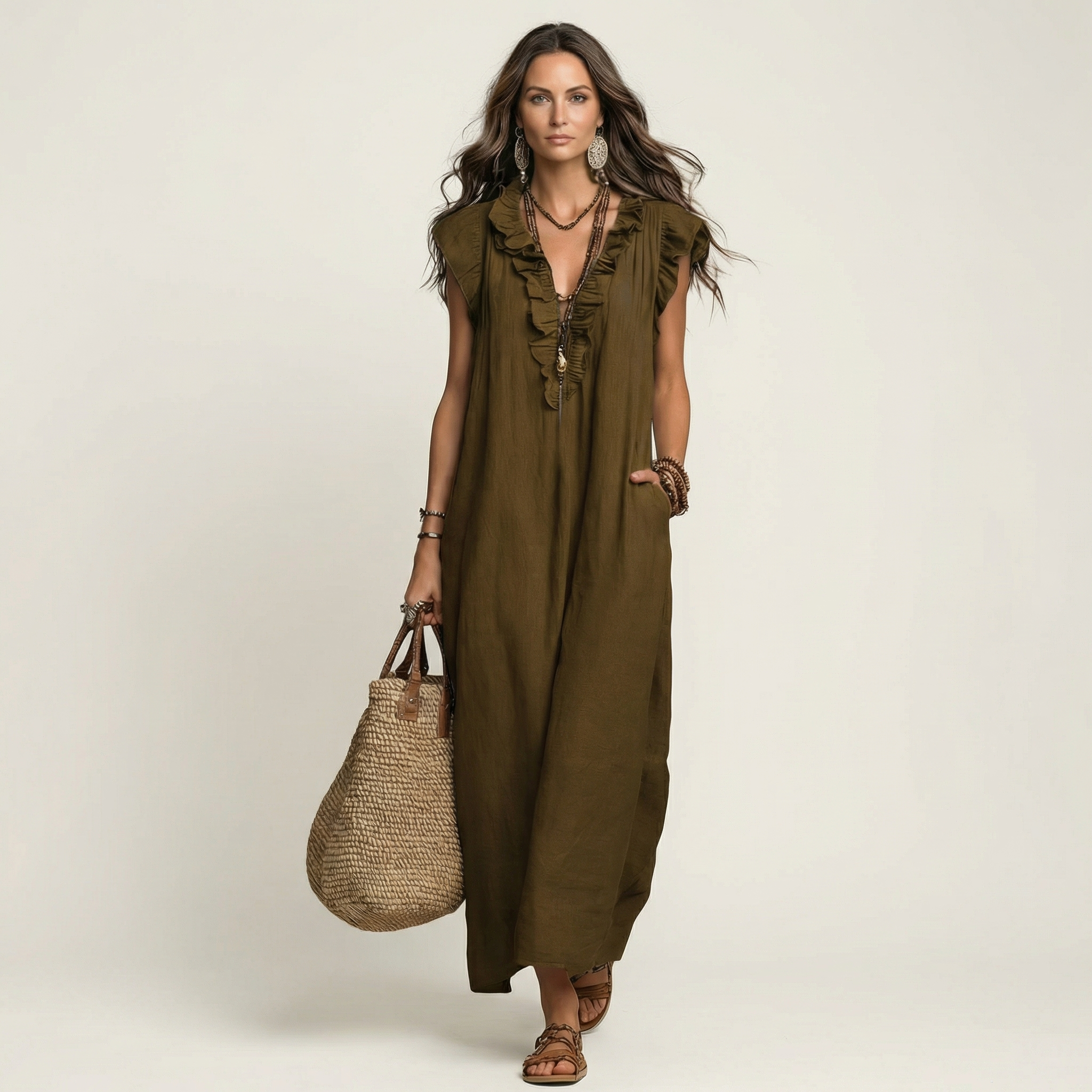 Monica | Abito Maxi in Misto Lino con Ruches e Scollo a V