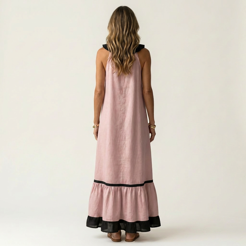 Miranda | Abito Maxi Senza Maniche con Collo a Volant e Bordo a Contrasto 7 colori