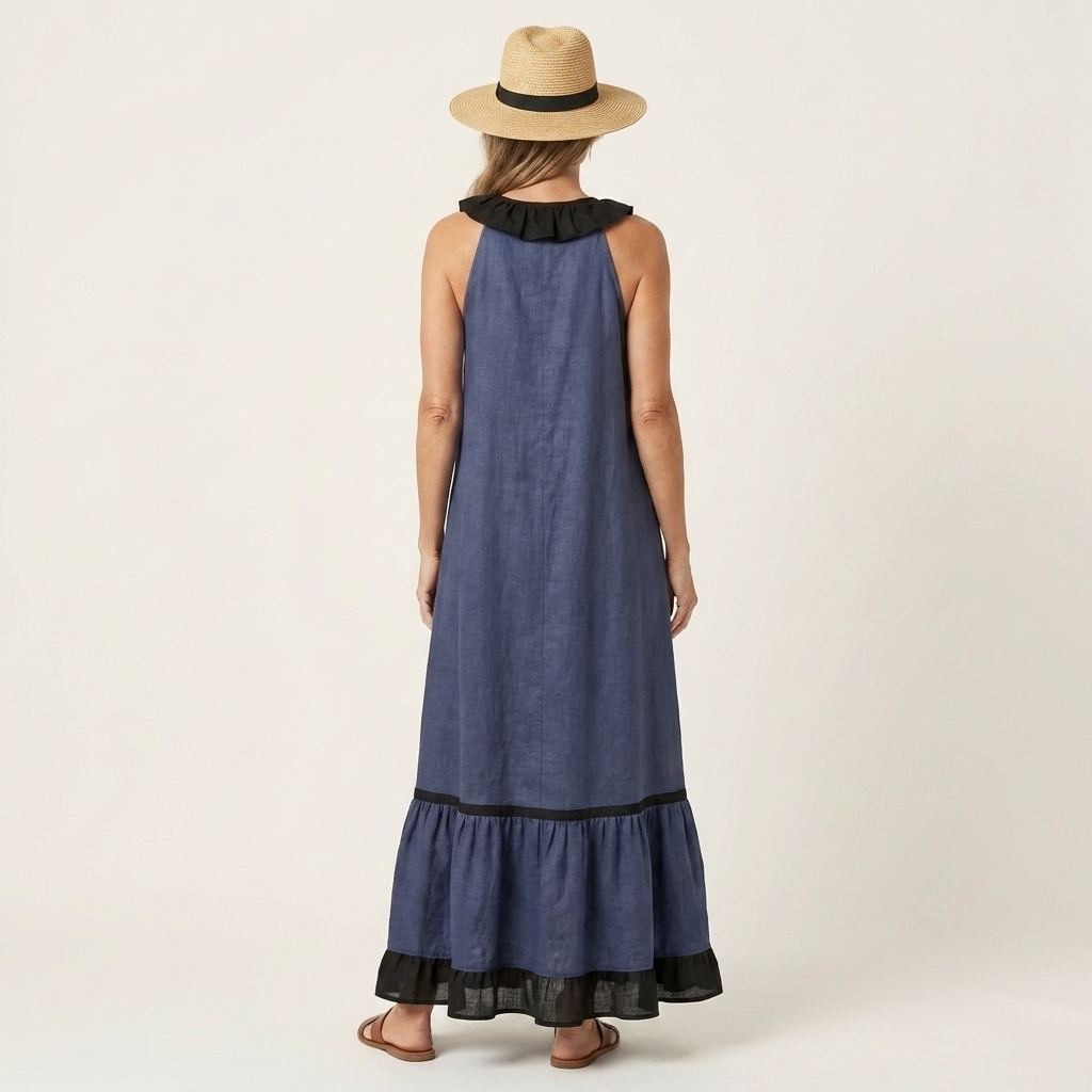 Miranda | Abito Maxi Senza Maniche con Collo a Volant e Bordo a Contrasto 7 colori
