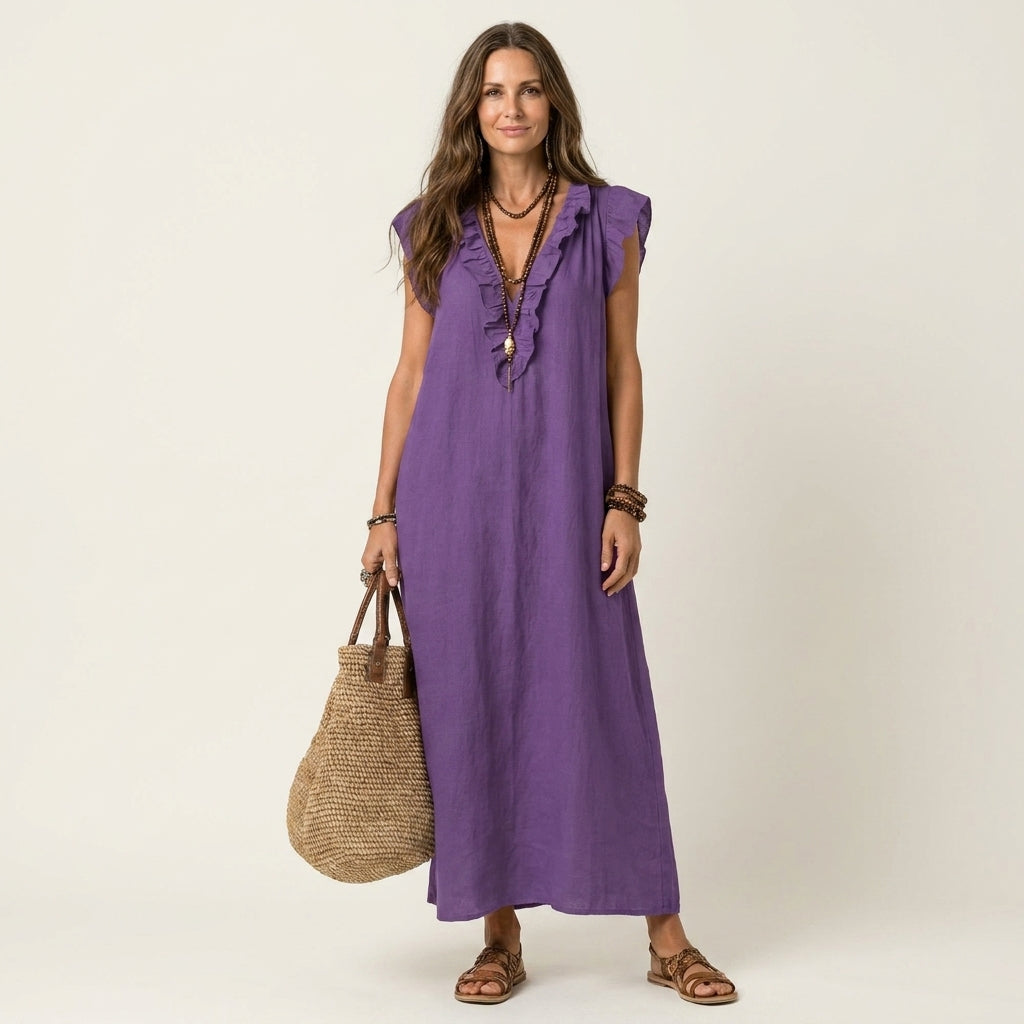 Monica | Abito Maxi in Misto Lino con Ruches e Scollo a V