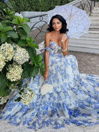 Abito Maxi con Spalline a Nastro e Stampa Floreale in Organza