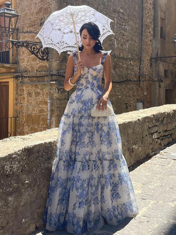 Abito Maxi con Spalline a Nastro e Stampa Floreale in Organza