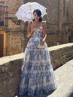 Abito Maxi con Spalline a Nastro e Stampa Floreale in Organza