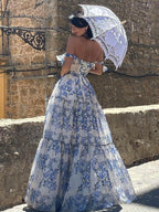 Abito Maxi con Spalline a Nastro e Stampa Floreale in Organza