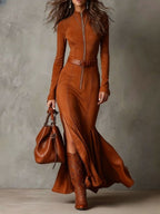 Abito Maxi Marrone Vintage con Cerniera e Cintura (Include cintura)
