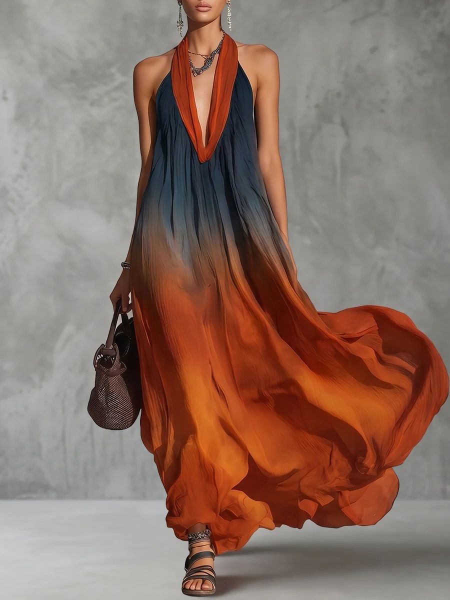 Paula | Abito Maxi in Chiffon Sfumato Blu e Ruggine