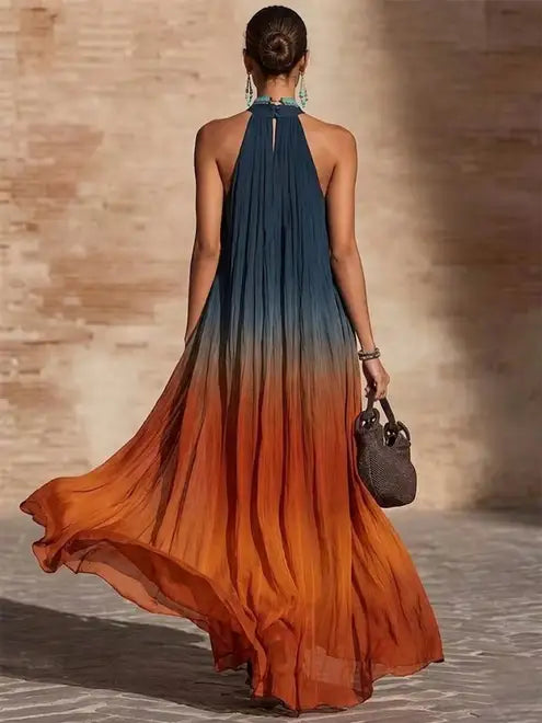 Paula | Abito Maxi in Chiffon Sfumato Blu e Ruggine